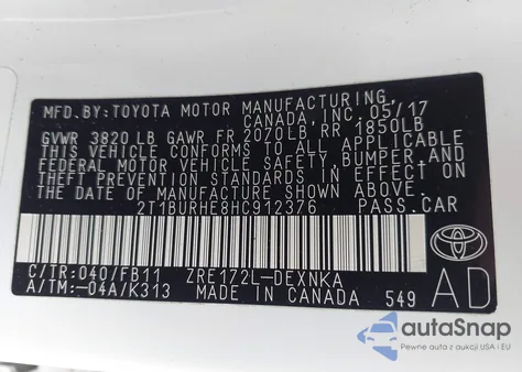 2017 Toyota Corolla Le z USA, uszkodzony, nr VIN 2T1BURHE8HC912376